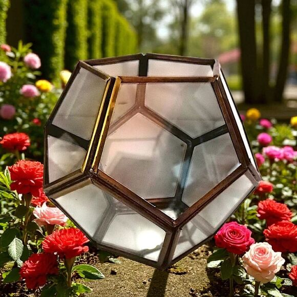 Geometric Glass Brass Terrarium Octagon Planter Display Case Candle Holder Vtg - Picture 13 of 16